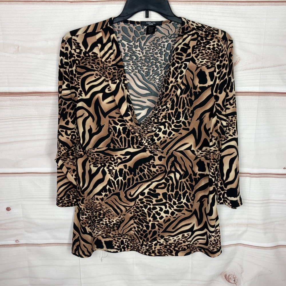 CDP & Co Top Womens 1X Black Brown Animal Print Blouse V-Neck 3/4 Sleeve Knit